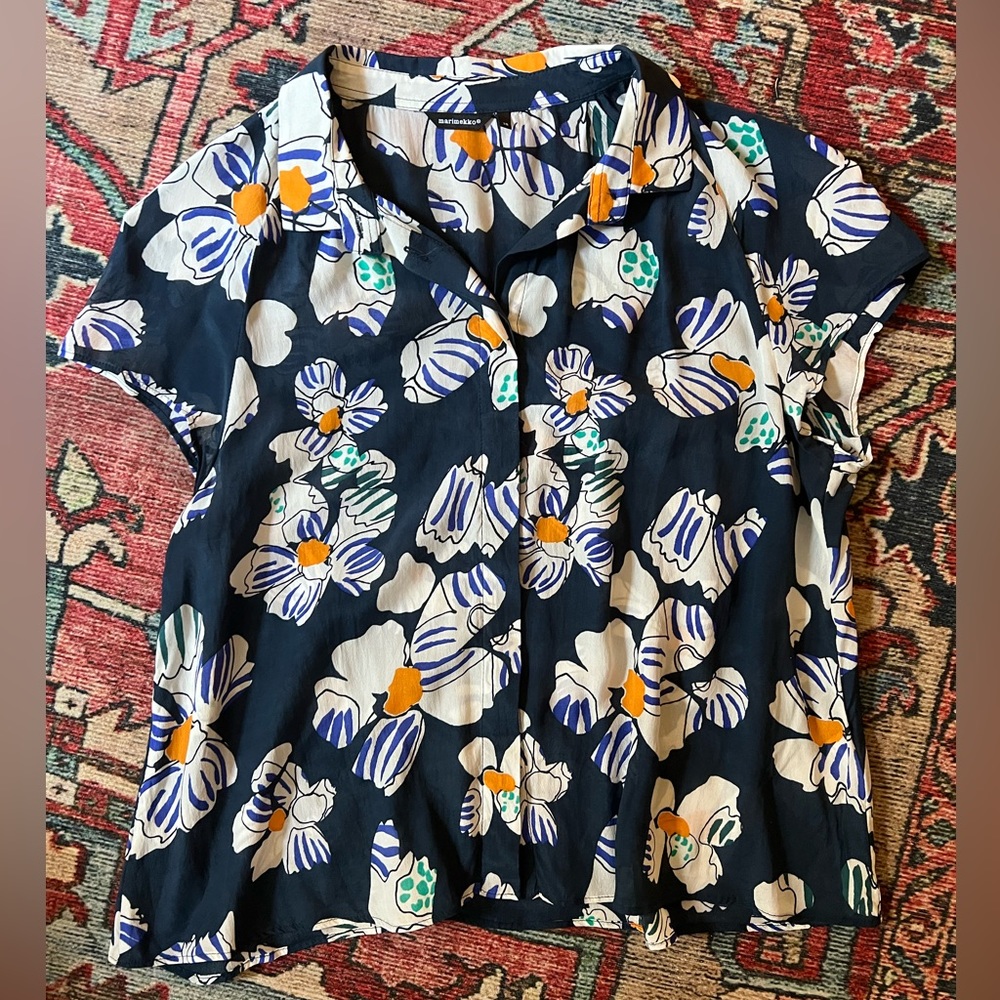 Marimekko Floral Print Top - Navy, White, Orange, Green